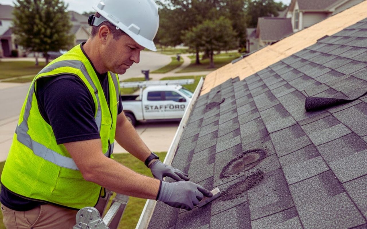 Professional inspecting shingles to spot Hail vs Wind Roof Damage Signs after a severe storm.