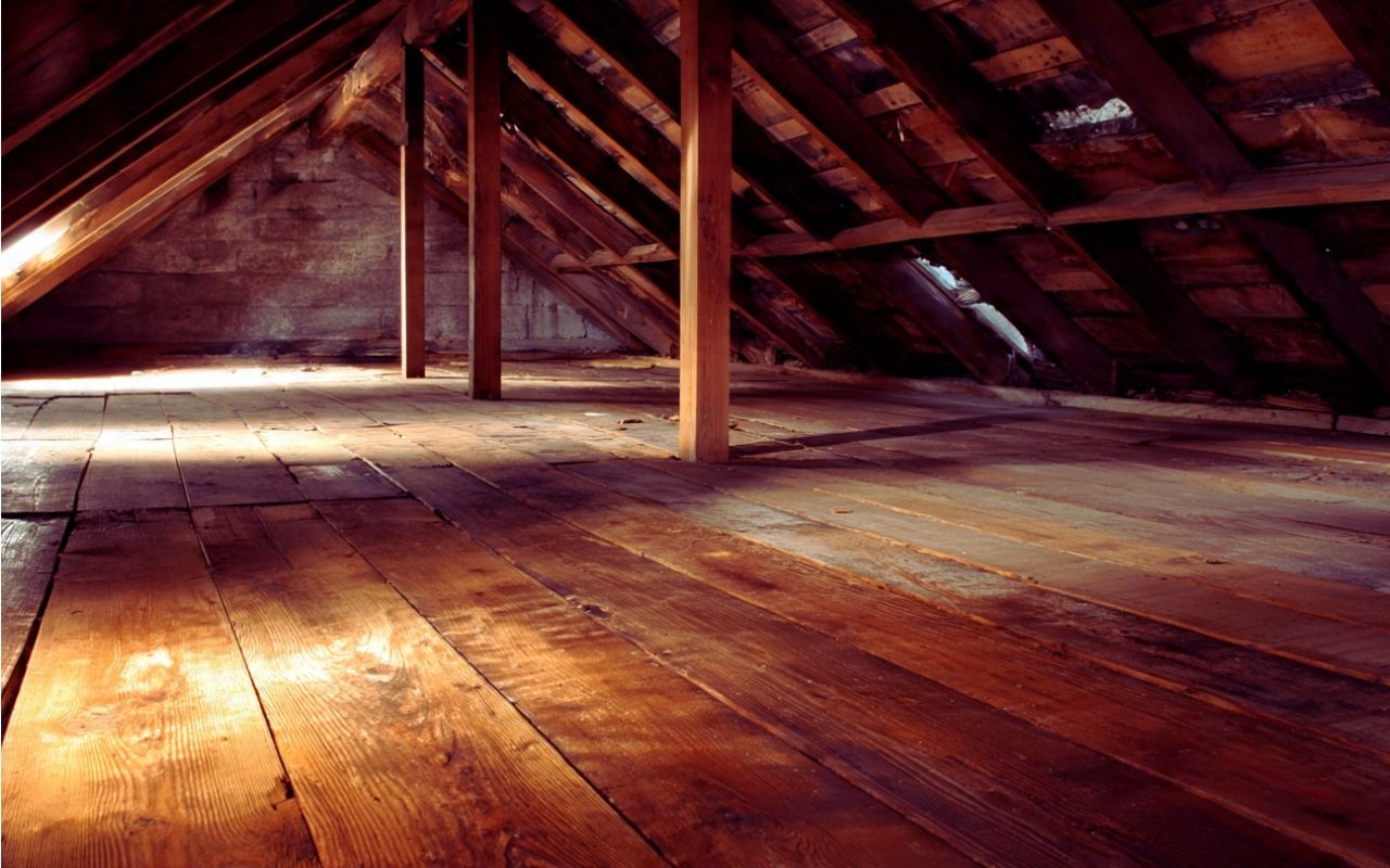 Roof decking rot signs visible as attic stains and damp wood