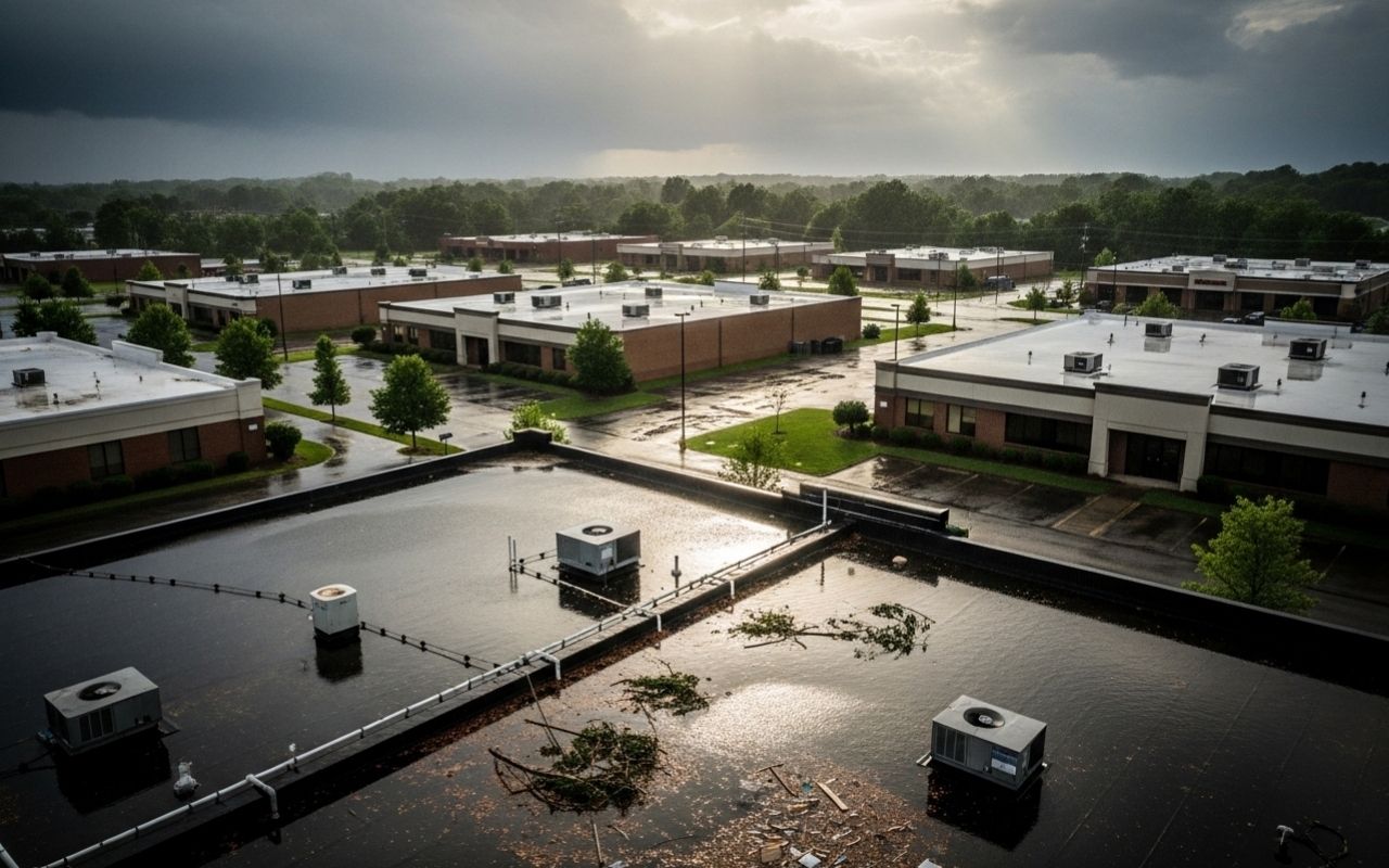 flat roof drainage problems in Spotsylvania County after heavy rain