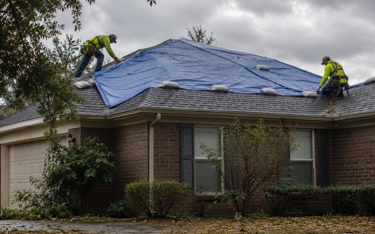 emergency roof tarp service covering storm damage on a home