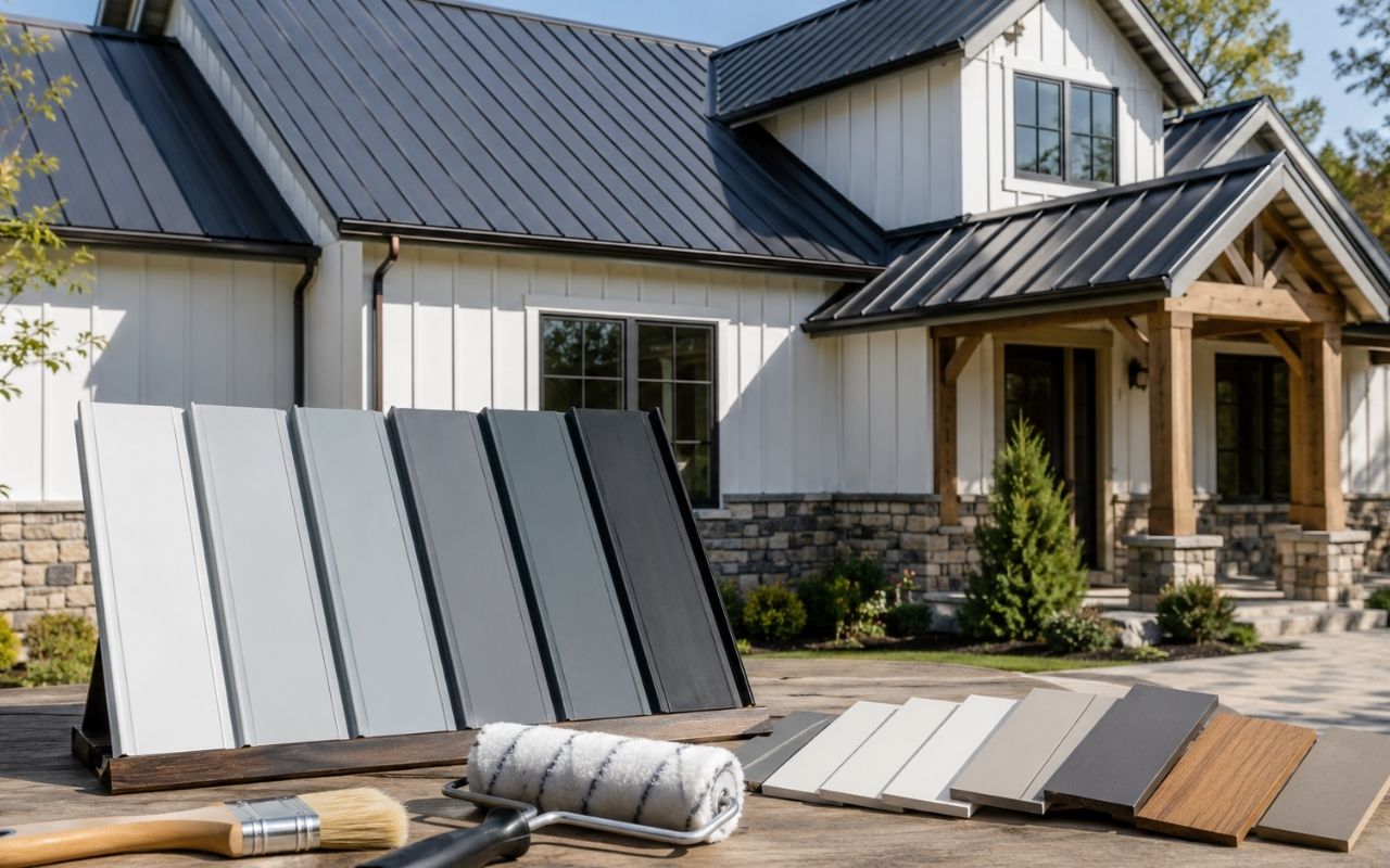 metal roof paint options shown beside home exterior samples