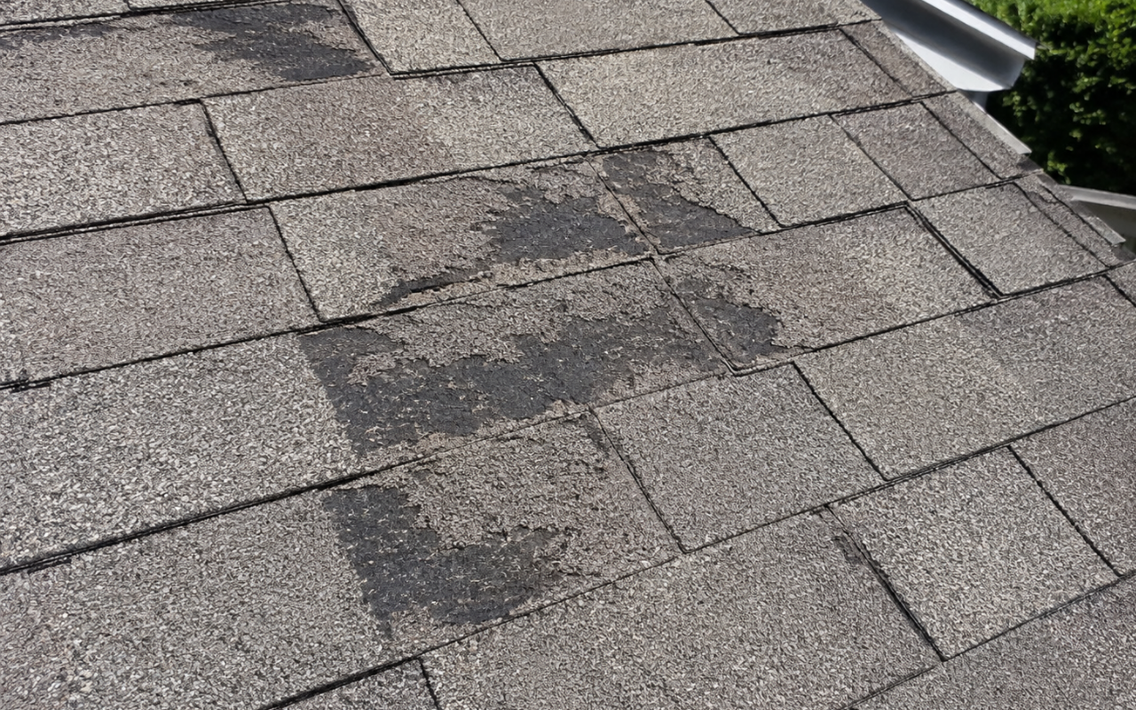 Asphalt roof granule loss creating visible bald spots on shingles