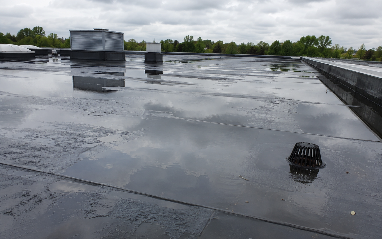 Flat roof ponding water remaining after heavy rain