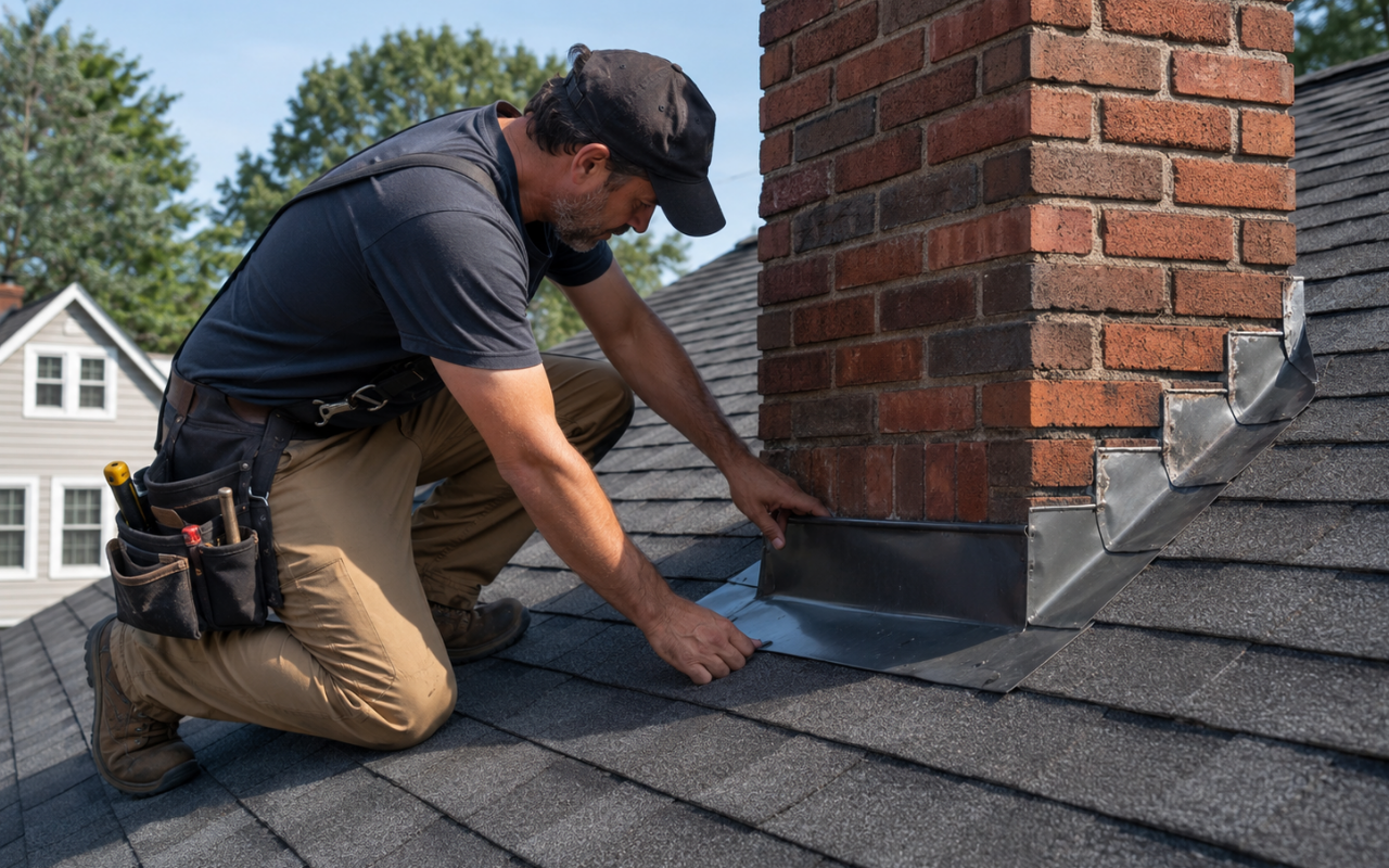 Roof flashing repair inspection around a home chimney