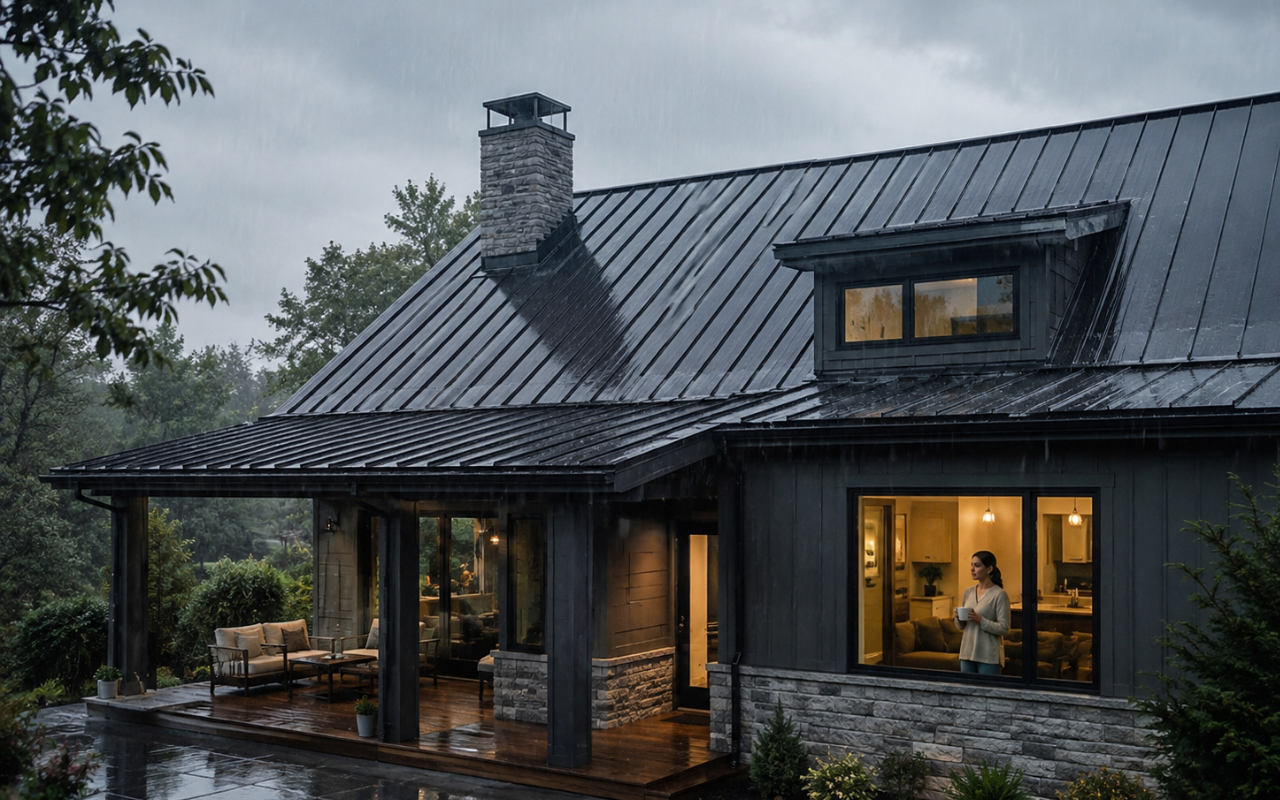 Metal roof noise myths explained during rainfall on a modern home