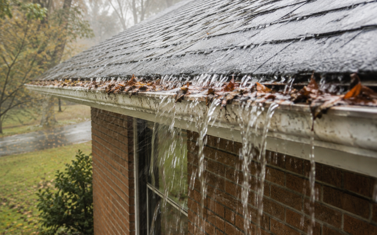 Roof gutter overflow problems causing rainwater to spill over a home