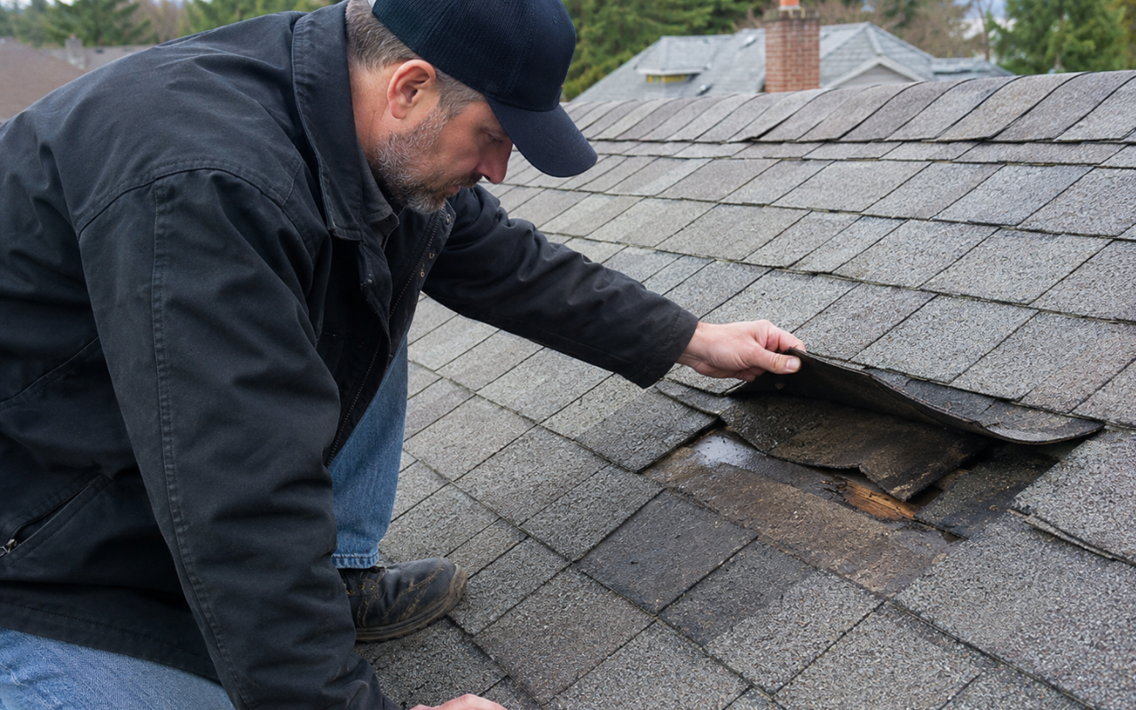 Shingle roof leak repair inspection for damaged roofing shingles