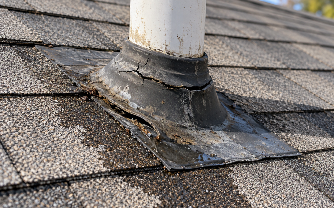 Roof pipe boot leak warning signs around a plumbing vent