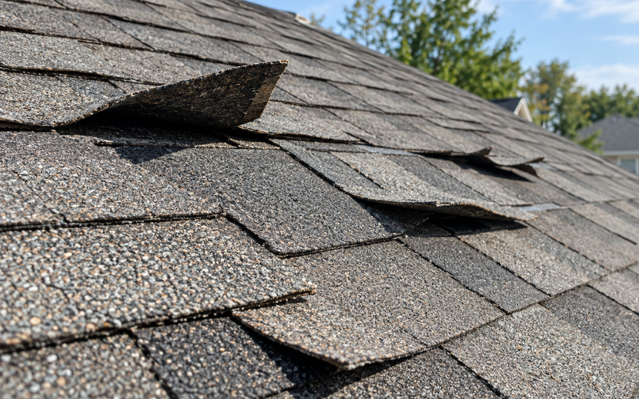 Shingle lifting causes from wind damage on an asphalt roof