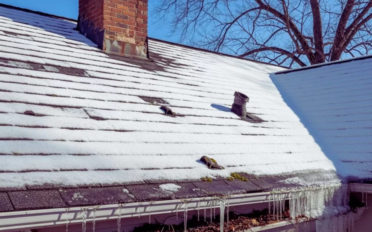 Homeowner using a Winter Roof Inspection Checklist in Virginia to inspect shingles before snow.